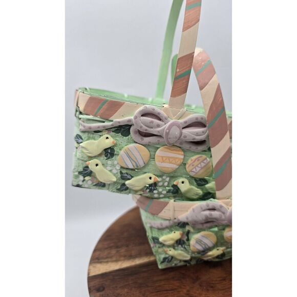 2 Vintage Mint Pink Painted Small Easter Basket Chicks Eggs Stripes Bow - Picture 3 of 12